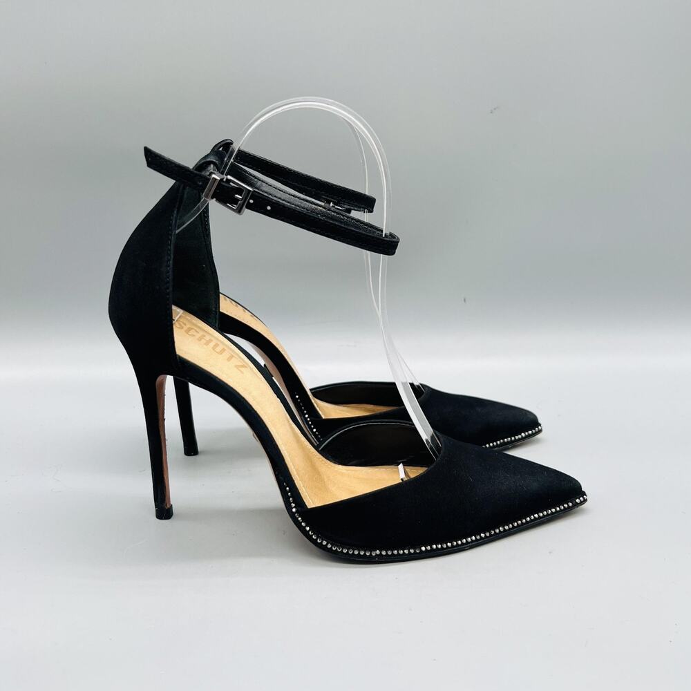 Schutz Shoes Women 7 Black Suede Studded D Orsay Ankle Stiletto Heel Dress Pump
